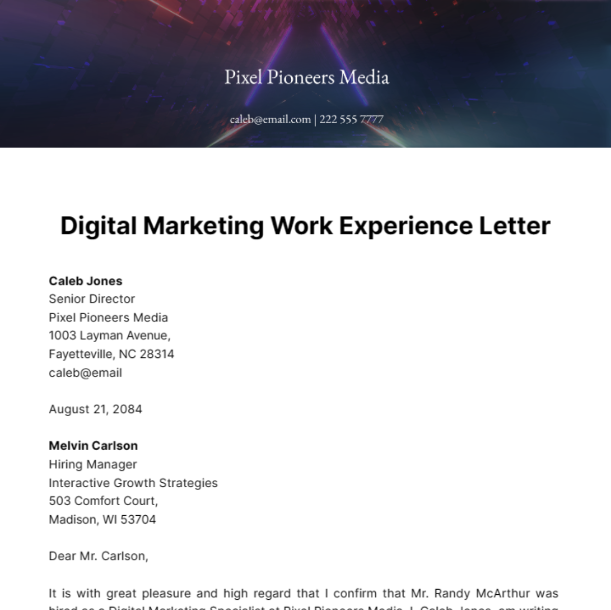 Free Digital Marketing Work Experience Letter Template