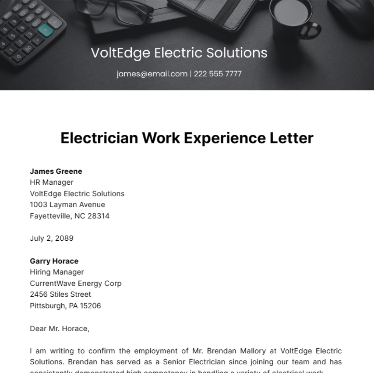 Free Electrician Work Experience Letter Template