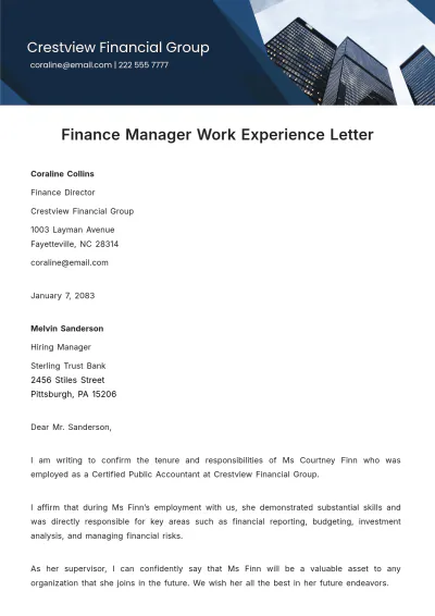 Free Finance Manager Work Experience Letter Template to Edit Online