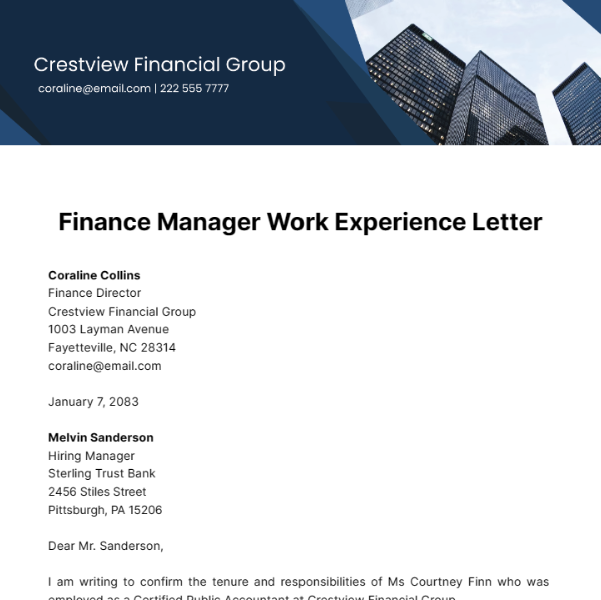 Finance Manager Work Experience Letter Template