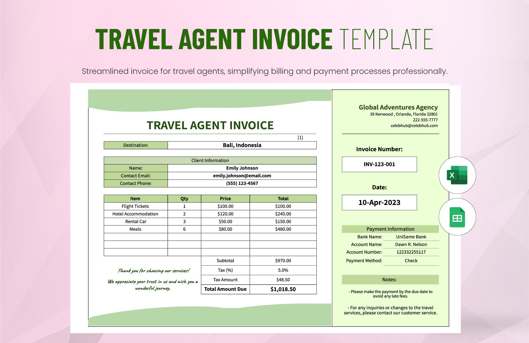Travel Agent Invoice Template in Excel, Google Sheets