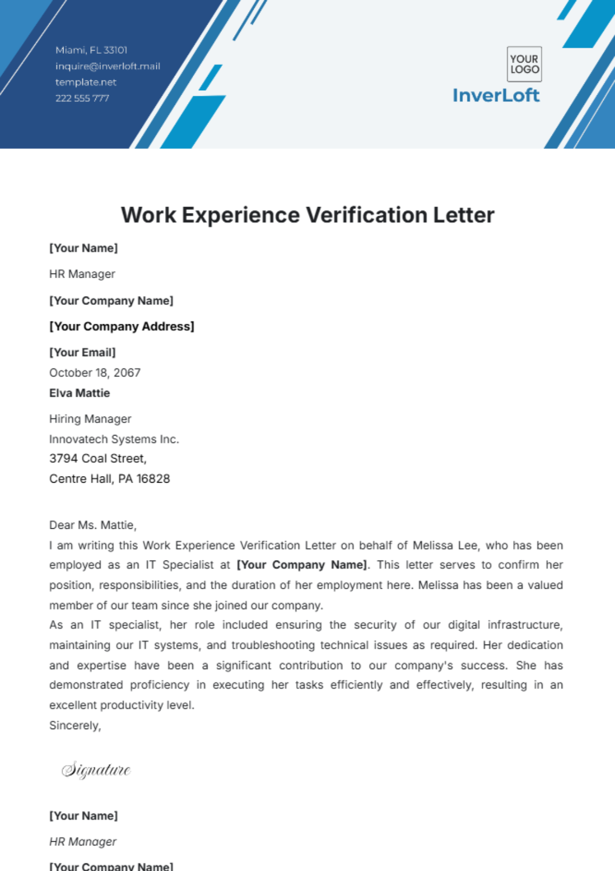 Work Experience Verification Letter Template