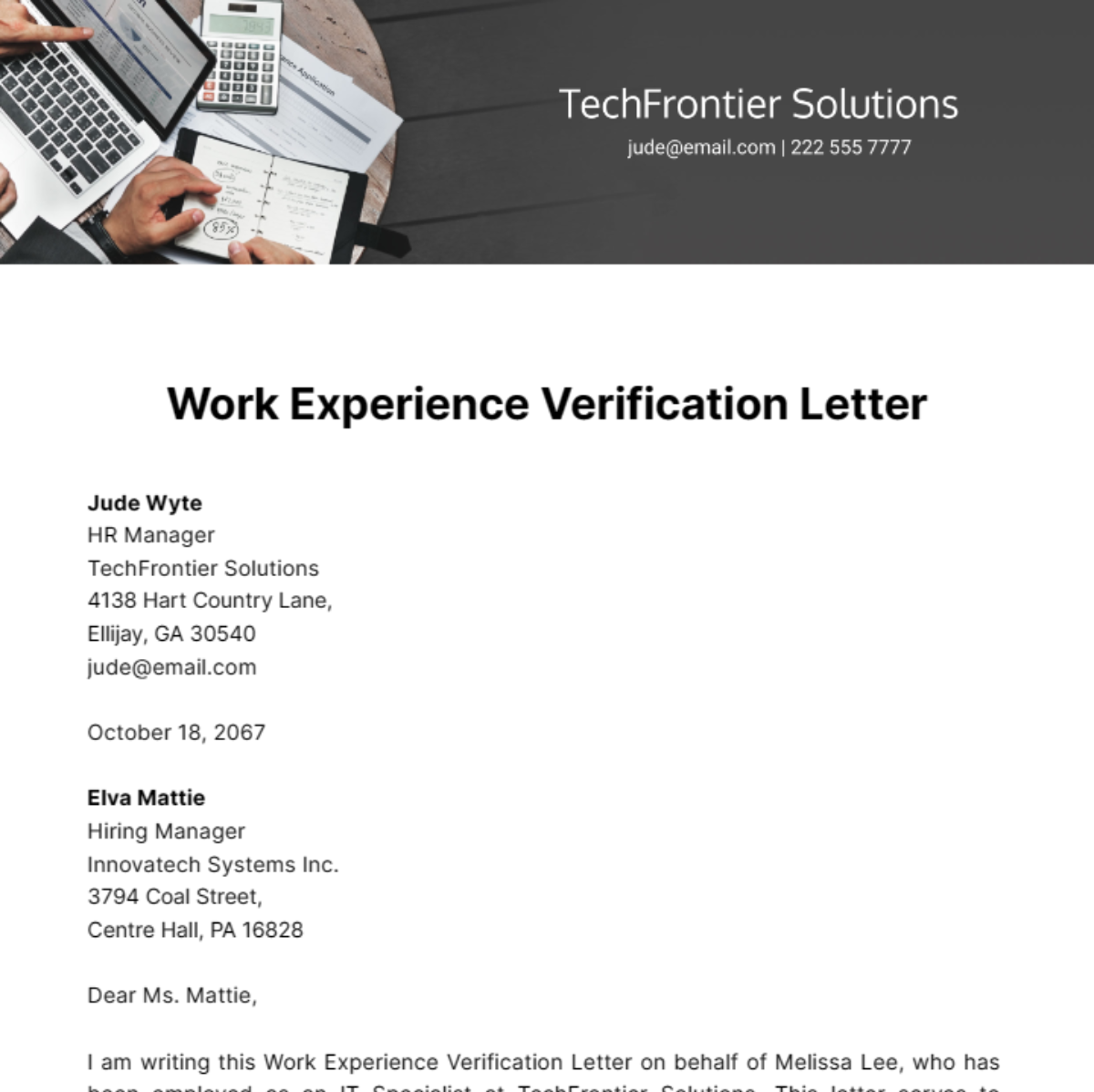 Free Work Experience Verification Letter Template
