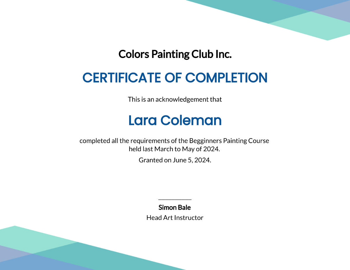Painting Completion Certificate Template
