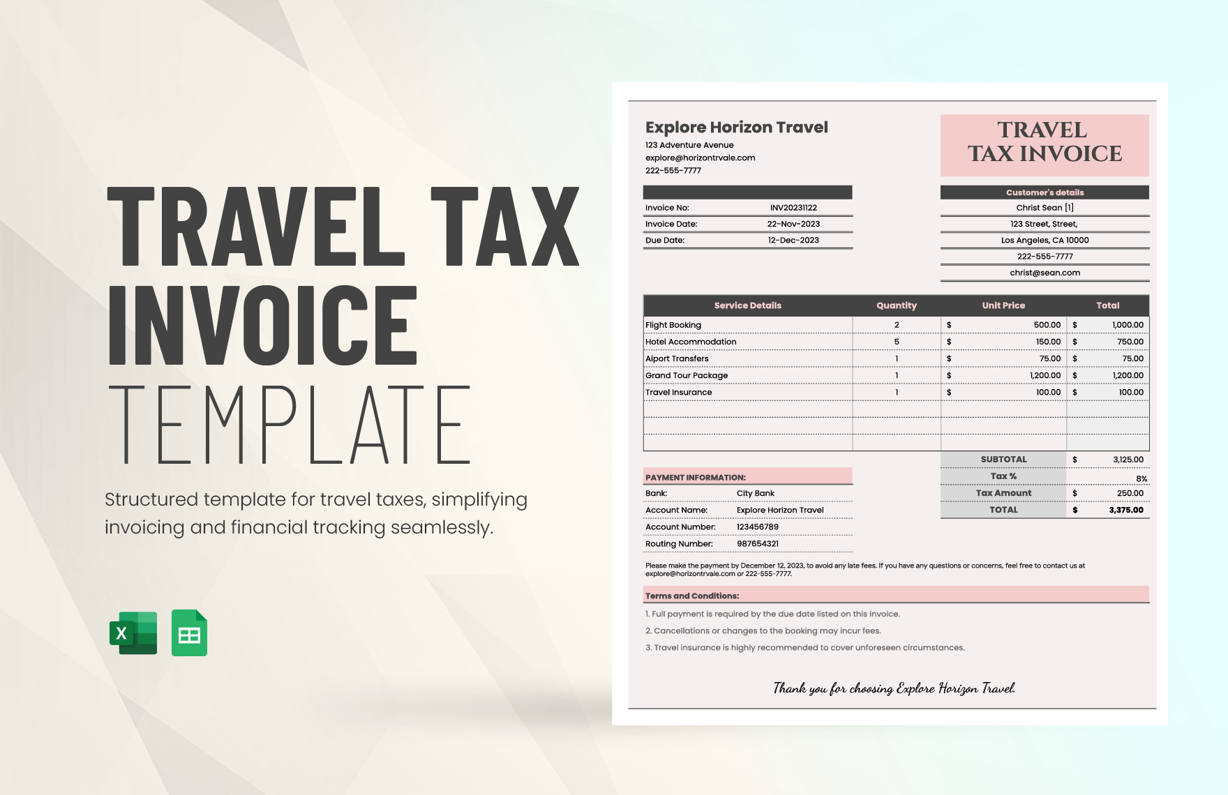 Travel Tax Invoice Template in Excel, Google Sheets