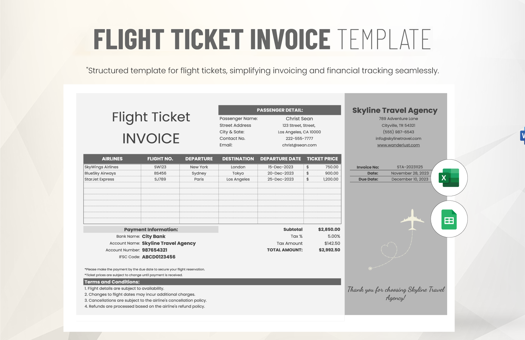 Flight Ticket Invoice Template in Excel, Google Sheets