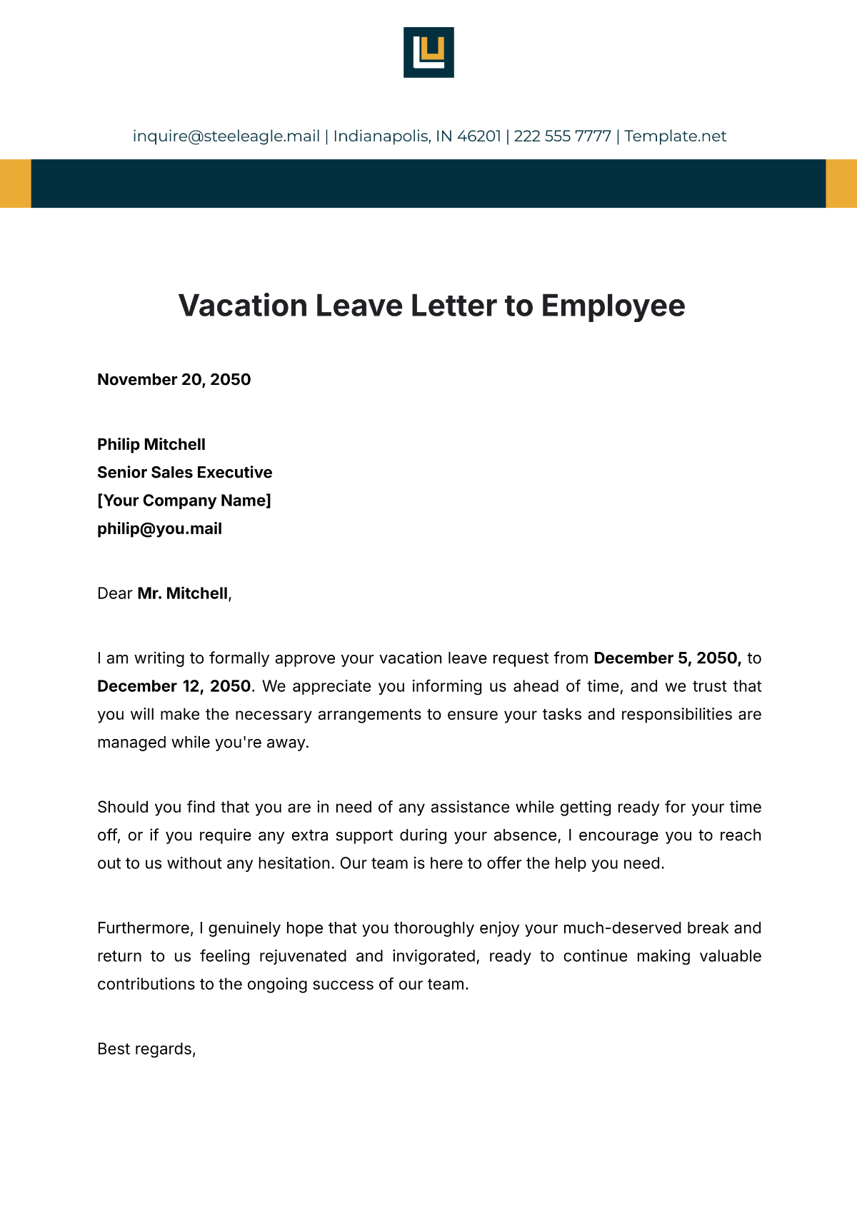 Vacation Leave Letter to Employee Template - Edit Online & Download