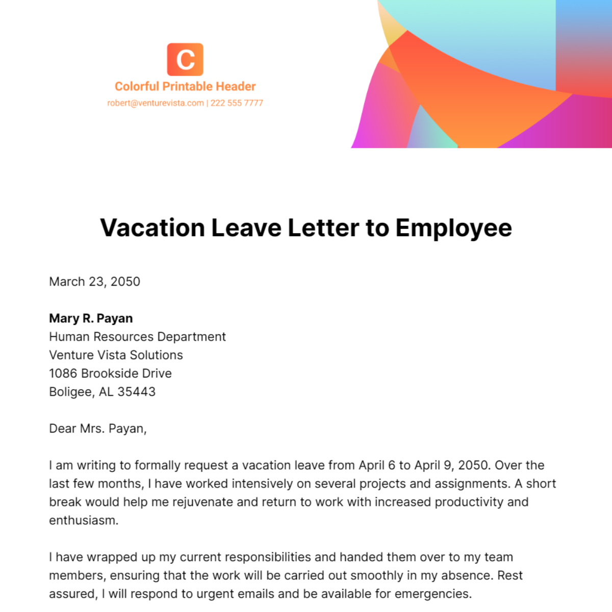 Vacation Leave Letter to Employee Template