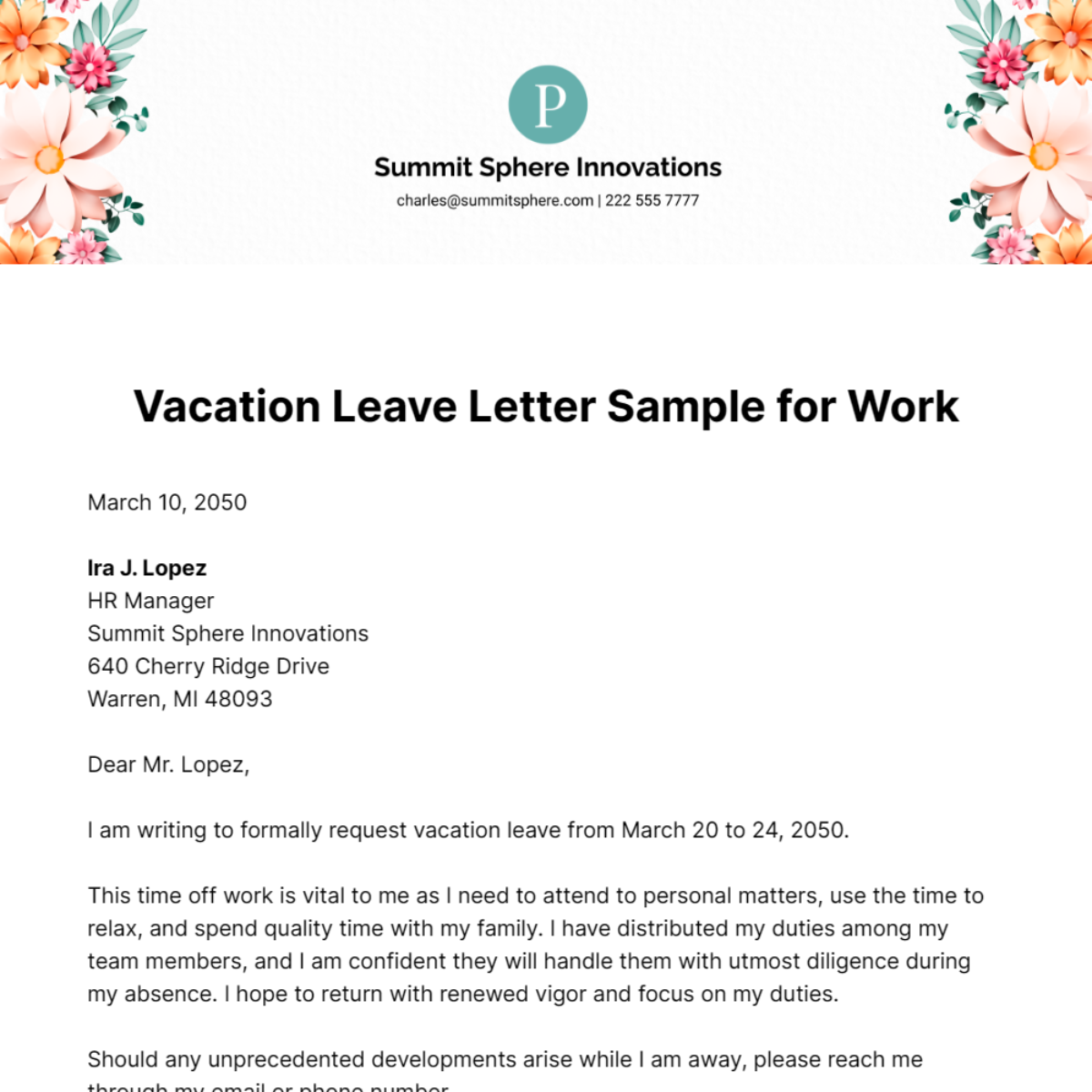 Vacation Leave Letter Sample for Work Template