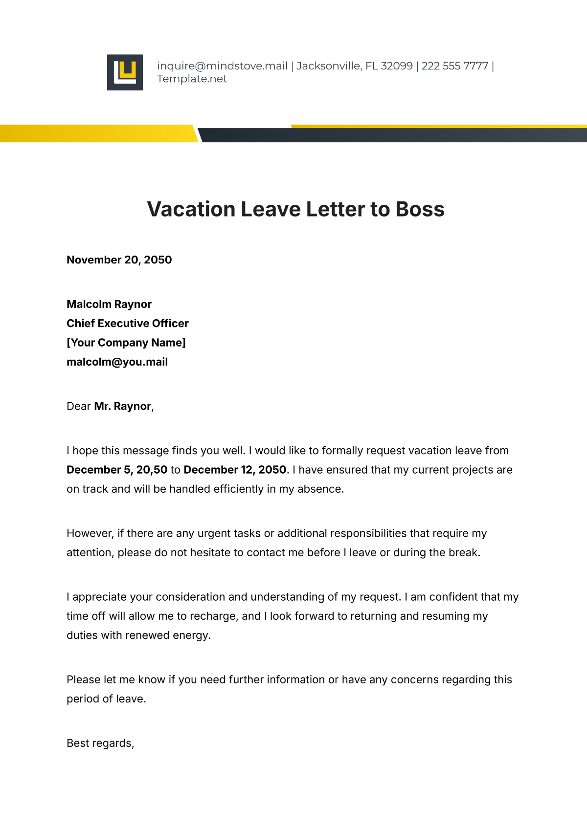 Vacation Leave Letter to Boss Template - Edit Online & Download