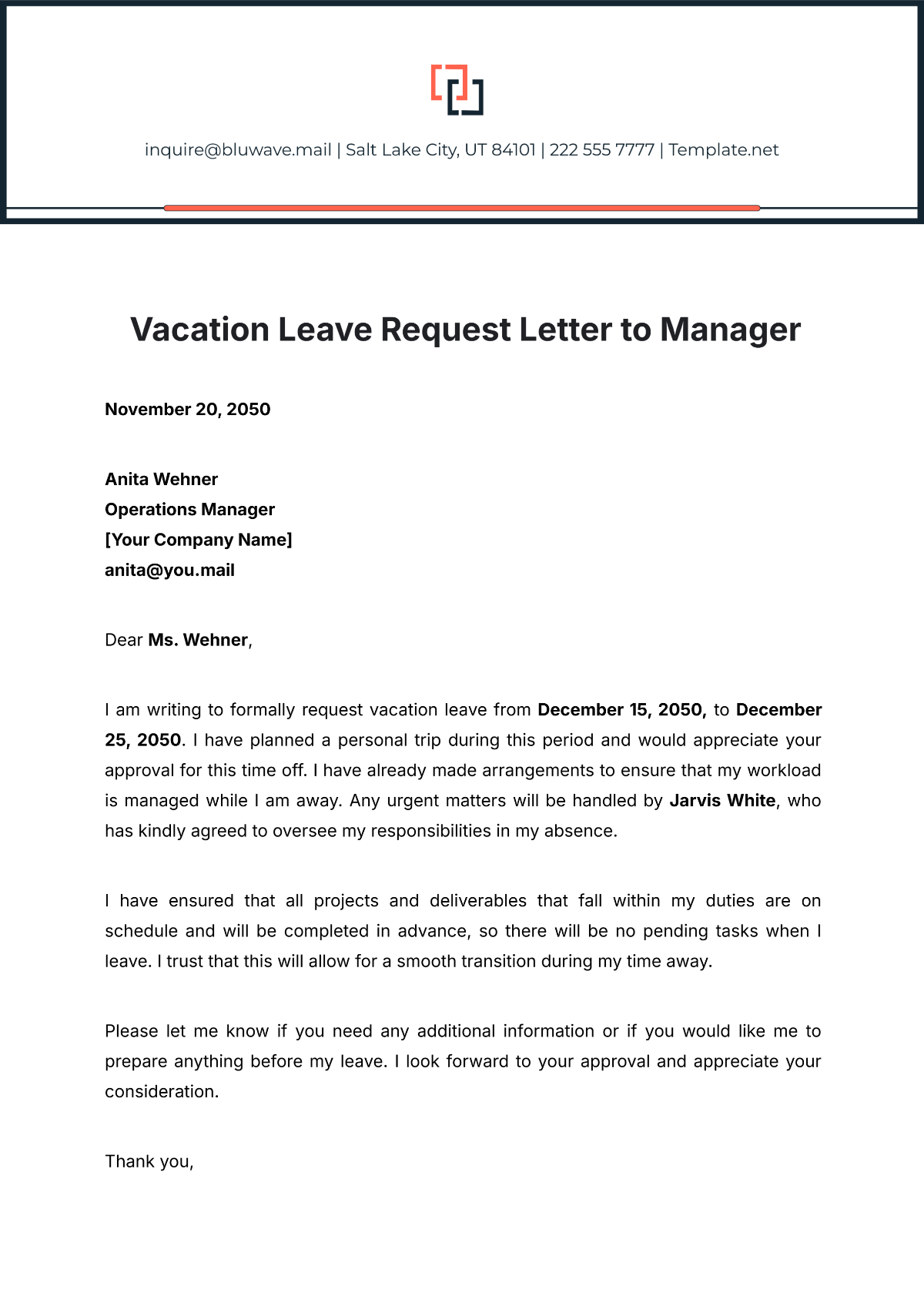 Vacation Leave Request Letter to Manager Template - Edit Online & Download