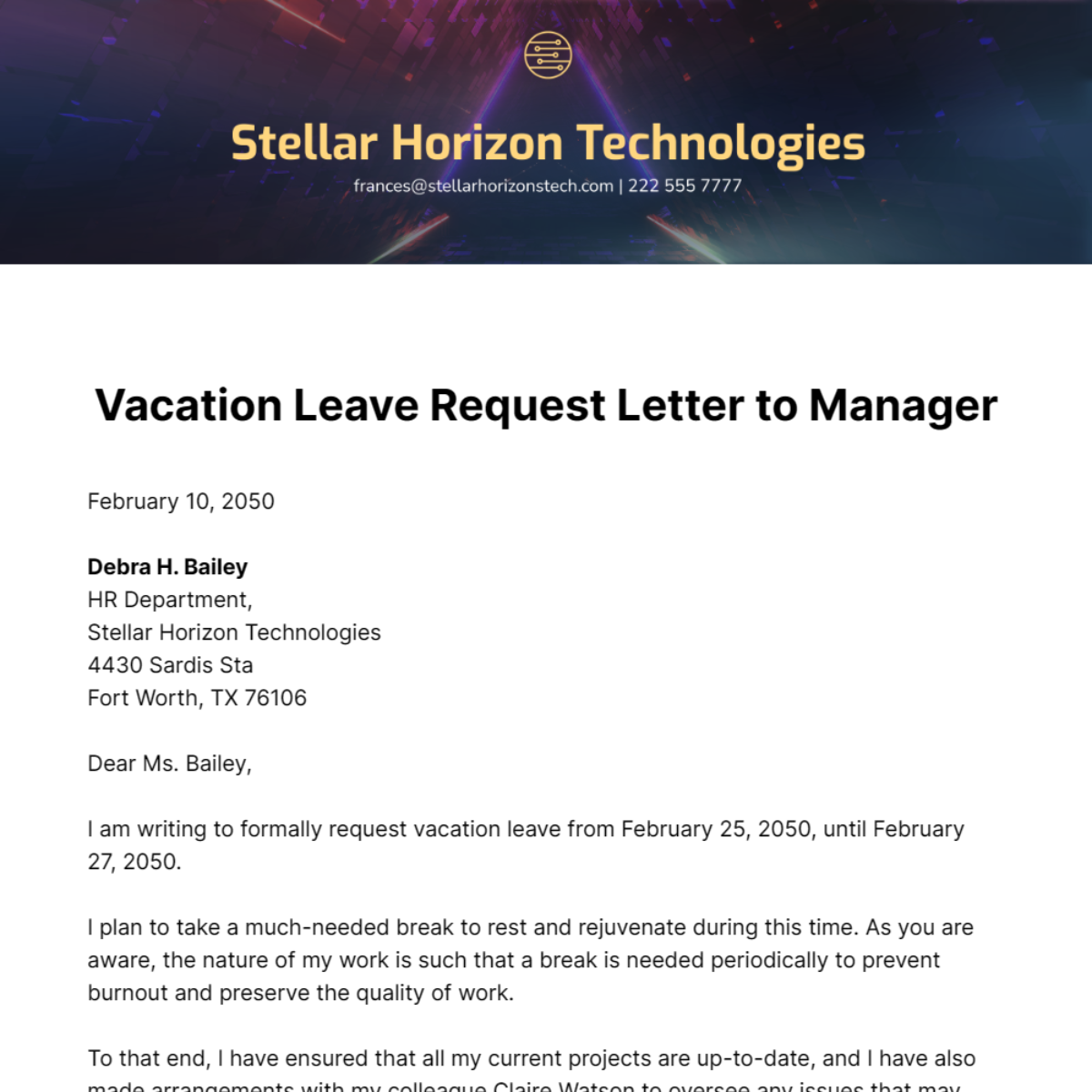 Vacation Leave Request Letter to Manager Template