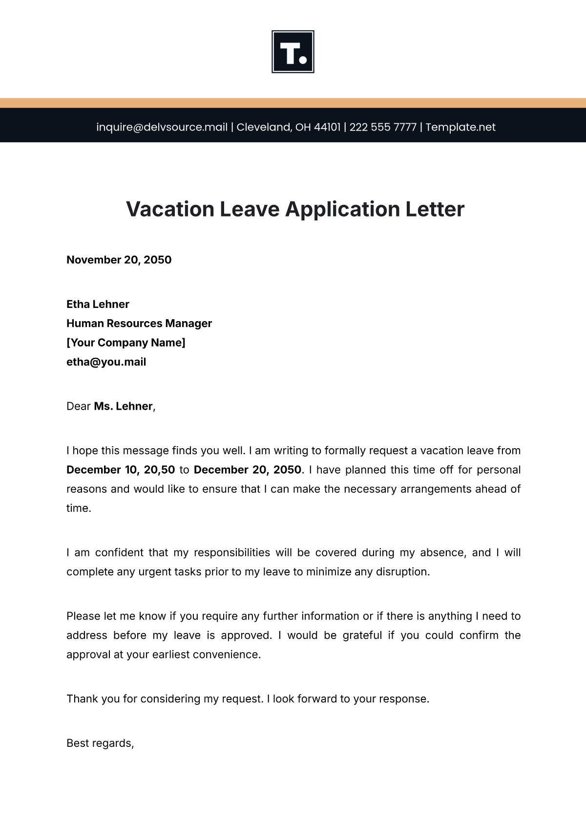 Vacation Leave Application Letter Template - Edit Online & Download