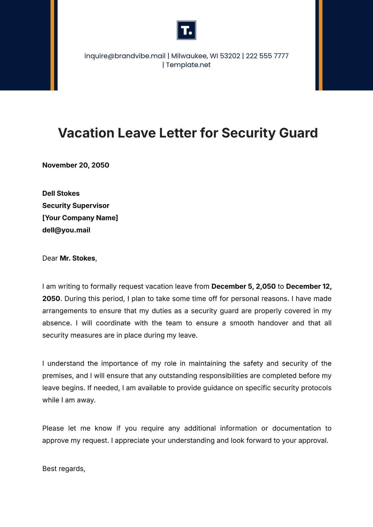 Vacation Leave Letter for Security Guard Template - Edit Online & Download