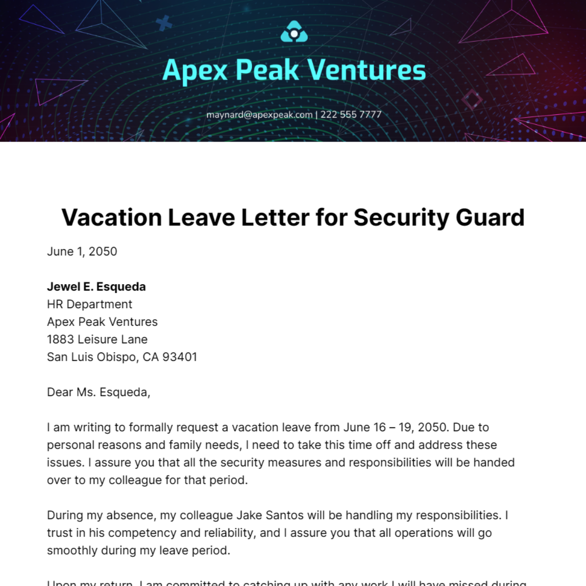 Vacation Leave Letter for Security Guard Template
