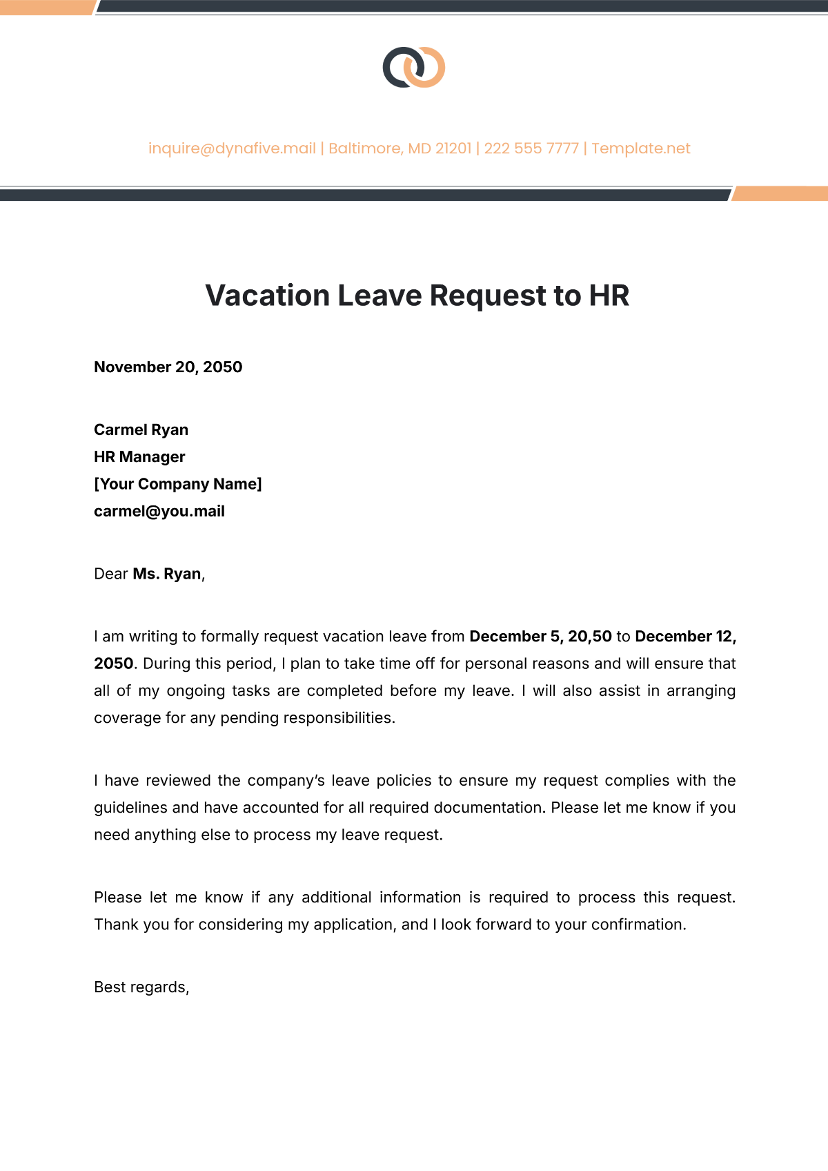 Vacation Leave Letter to HR Template - Edit Online & Download