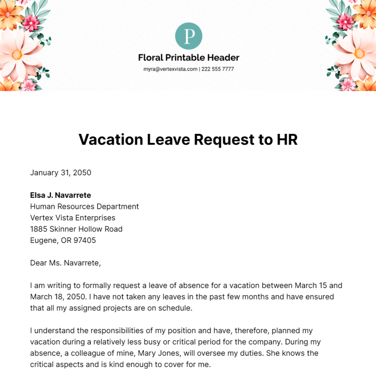Vacation Leave Letter to HR Template