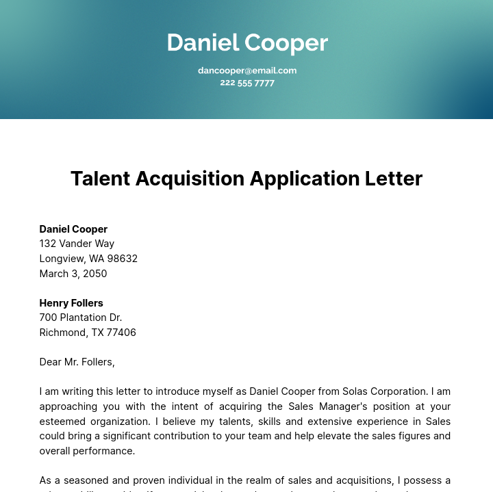 Talent Acquisition Application Letter Template