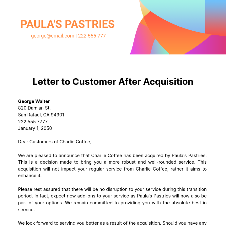 Free Letter to Customer after Acquisition Template
