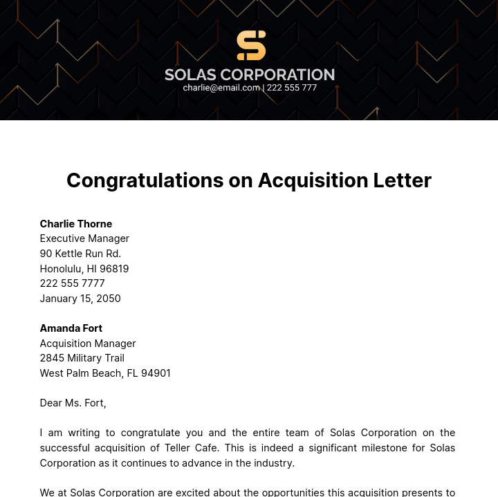 Free Congratulations on Acquisition Letter Template