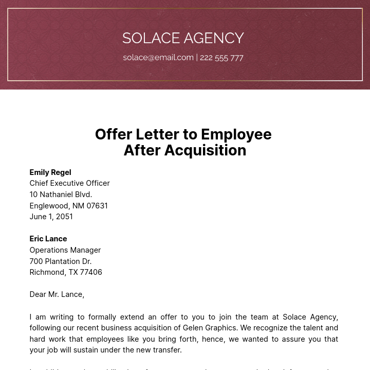 Offer Letter to Employee after Acquisition Template