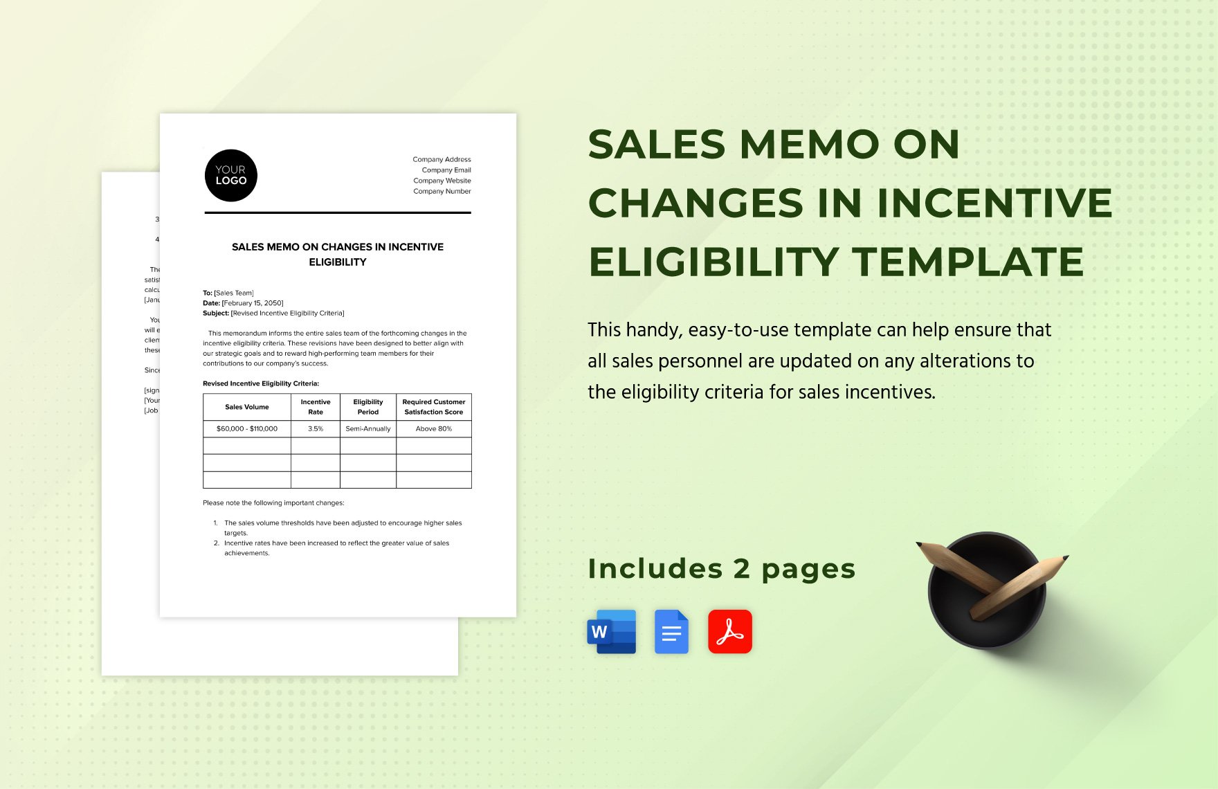 Sales Memo on Changes in Incentive Eligibility Template