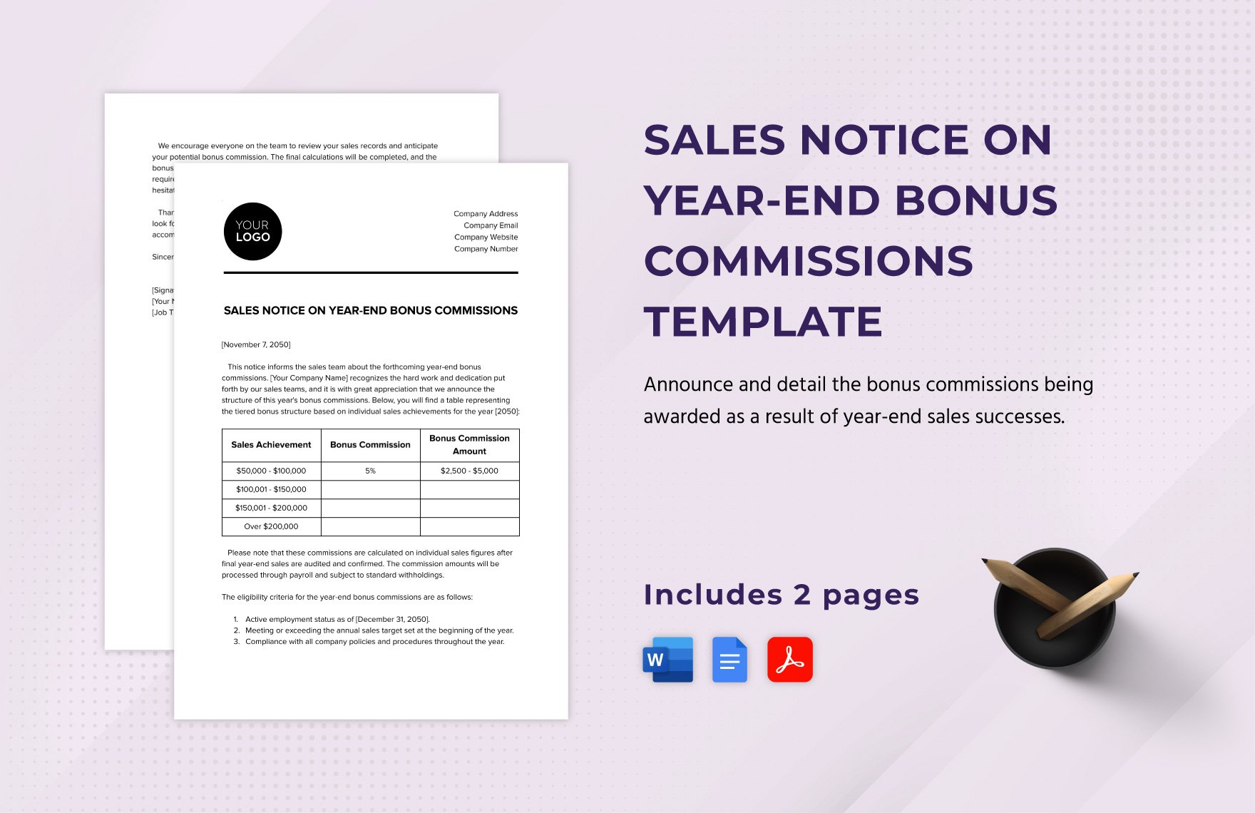 Sales Notice on Year-End Bonus Commissions Template