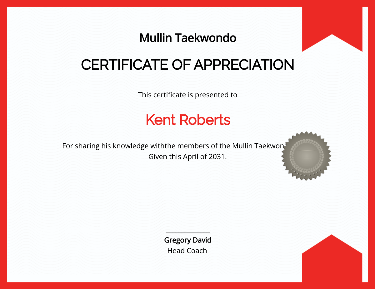 Taekwondo Coach Appreciation Certificate Template