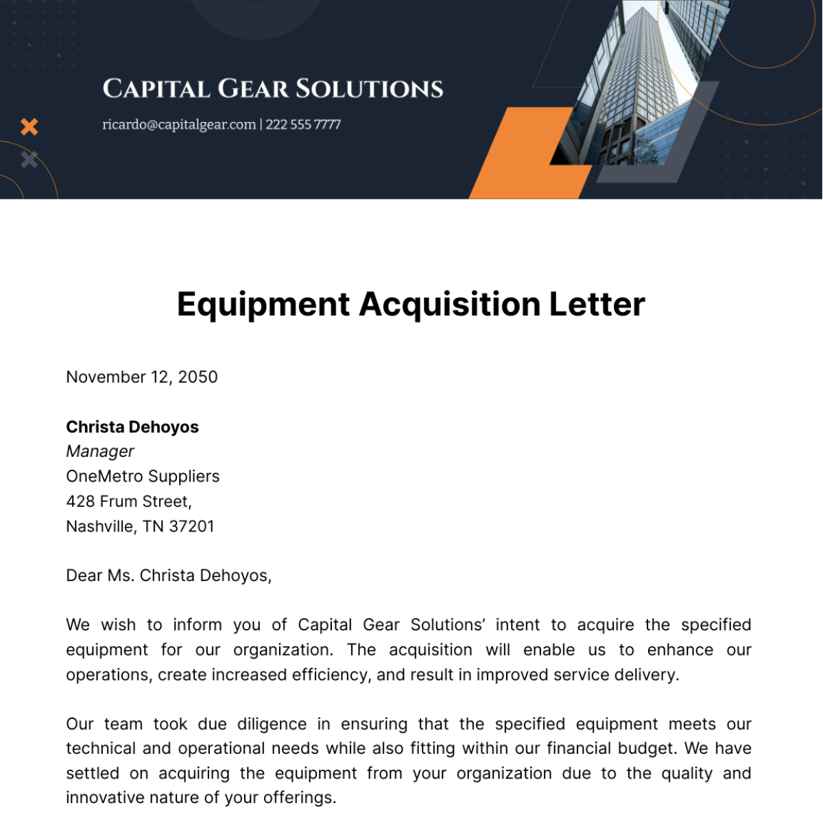 Free Equipment Acquisition Letter Template
