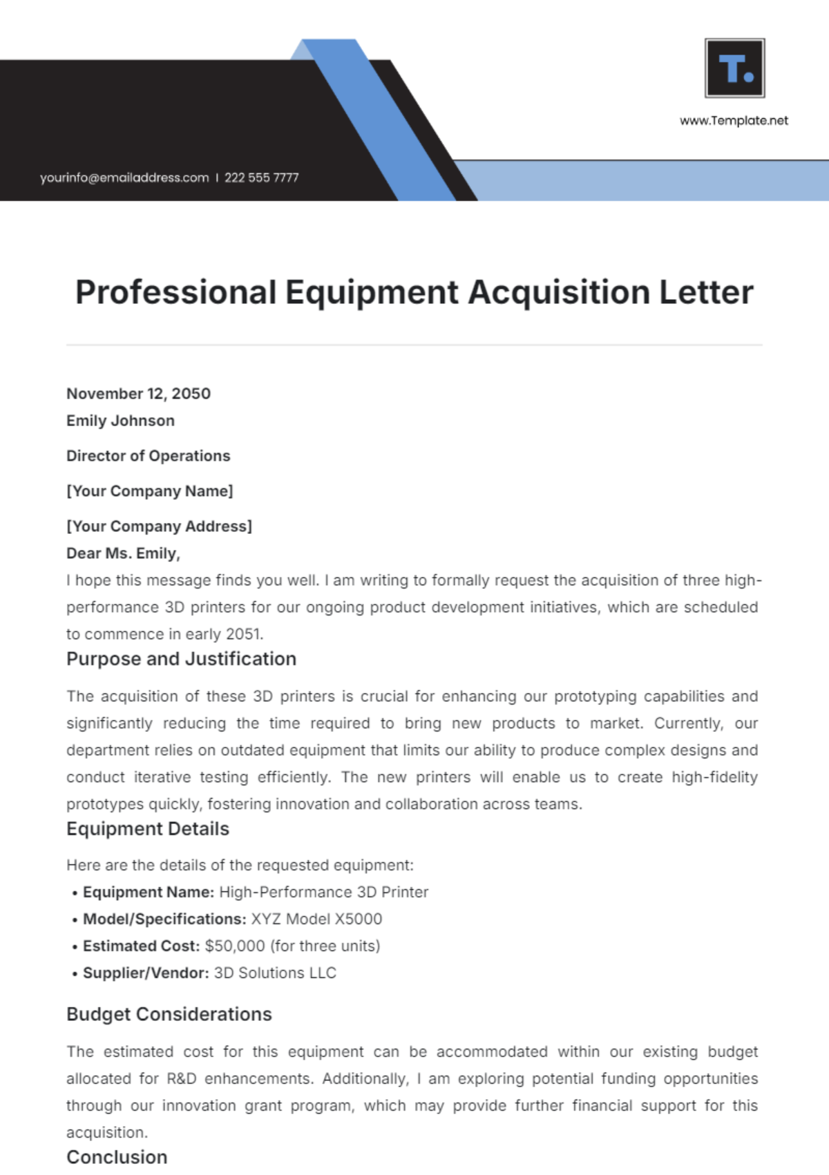 Professional Equipment Acquisition Letter Template - Edit Online & Download