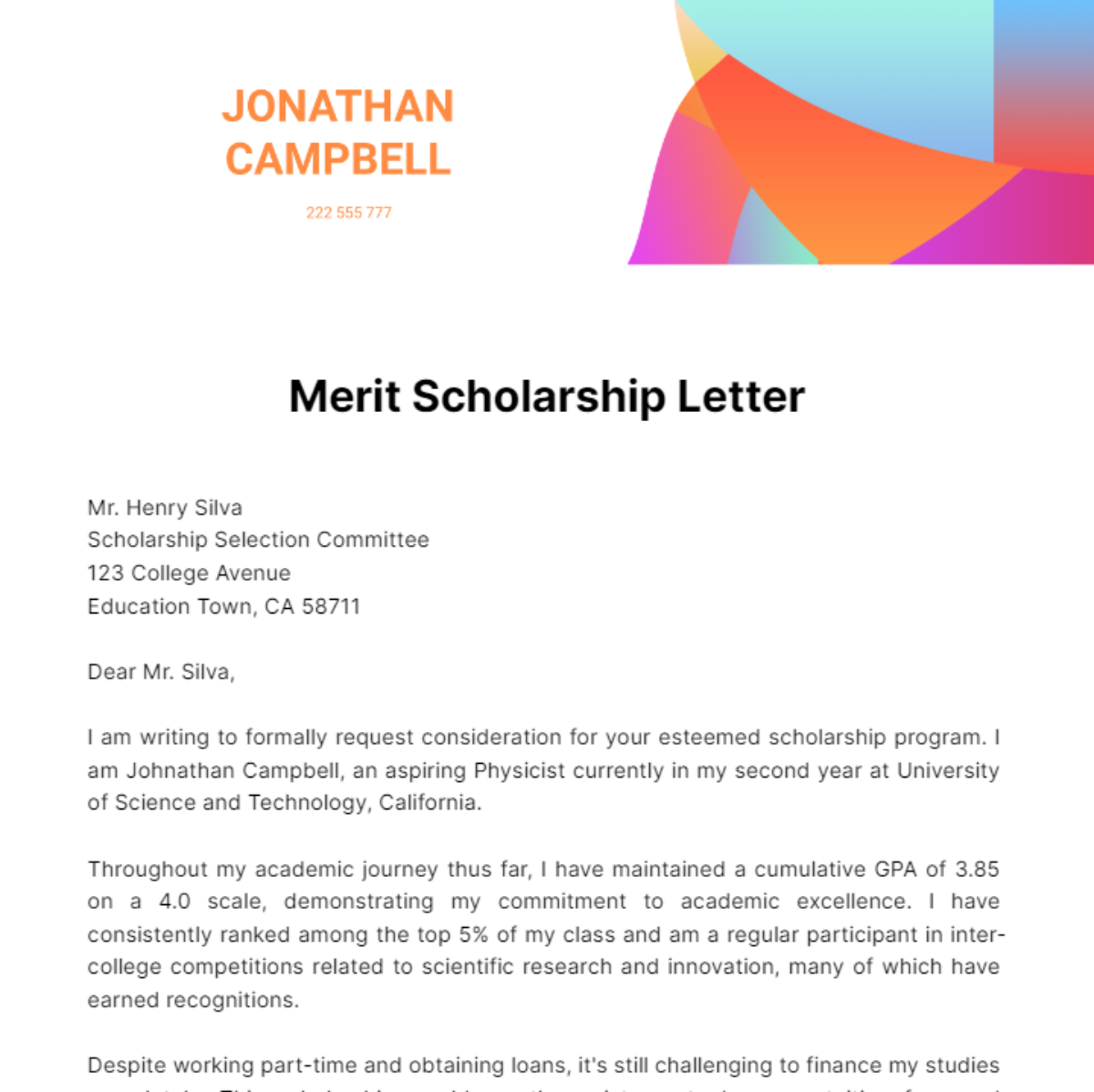 Merit Scholarship Letter Template