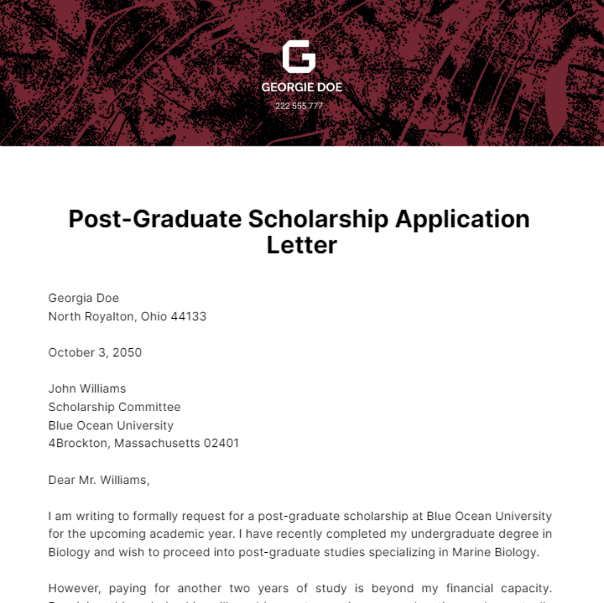 Post Graduate Scholarship Letter Template