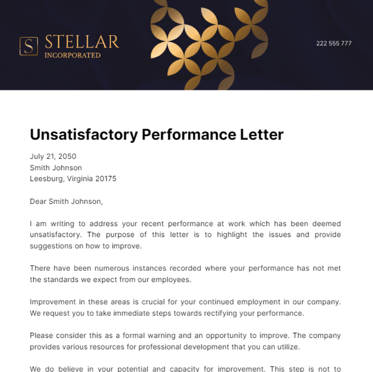 Unsatisfactory Performance Letter for Employee Template
