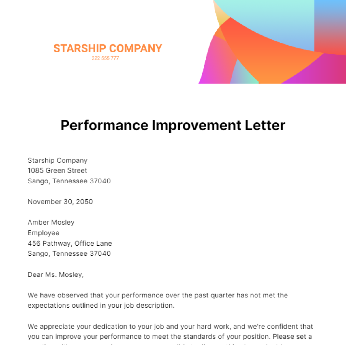 Performance Improvement Letter Template