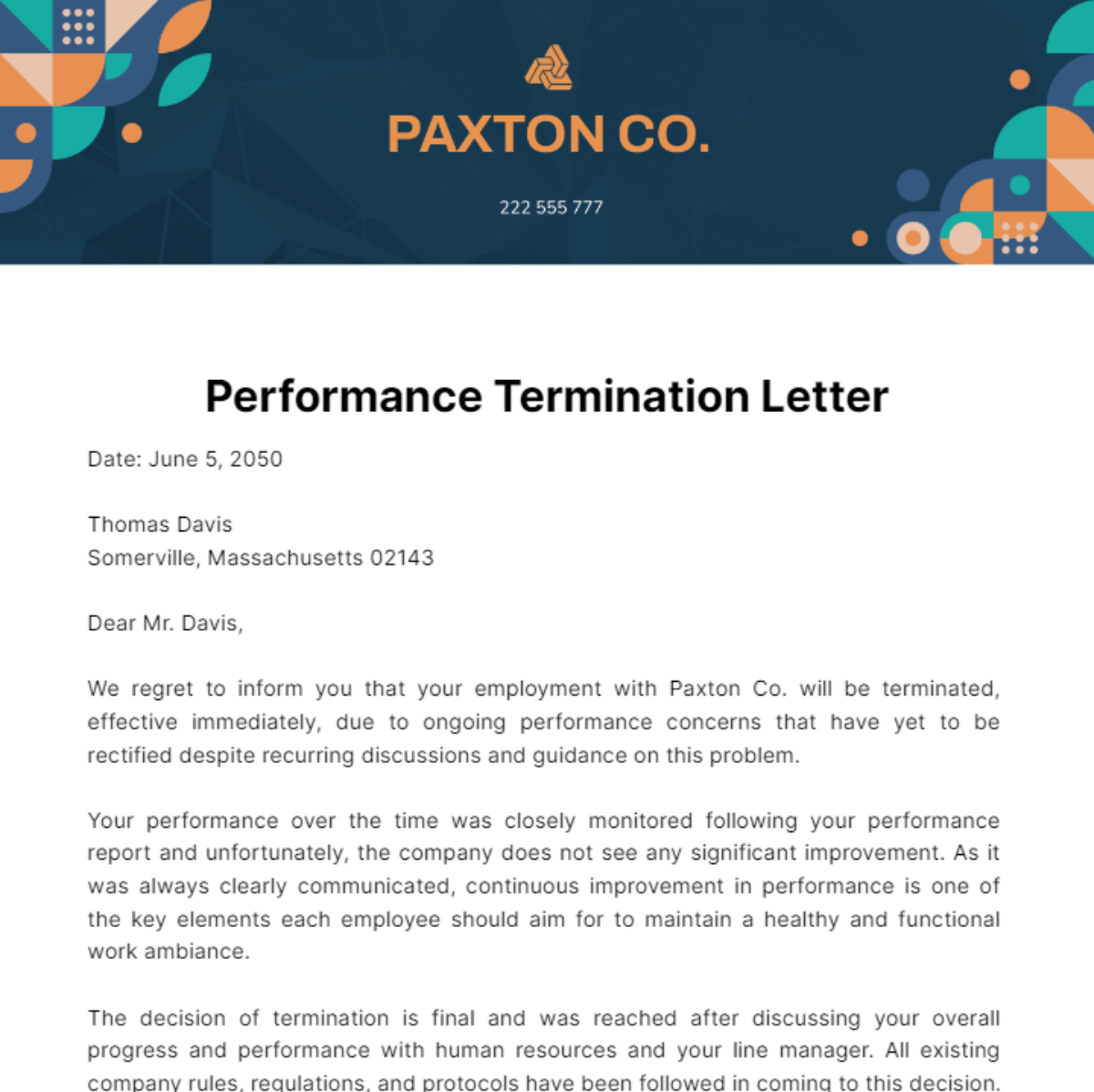 Free Performance Termination Letter Template