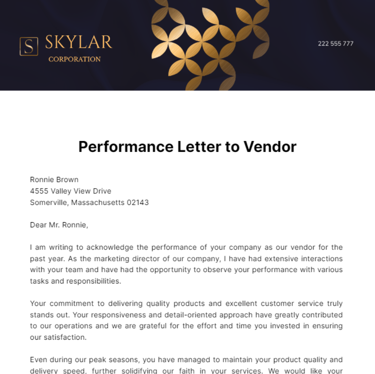 Performance Letter to Vendor Template