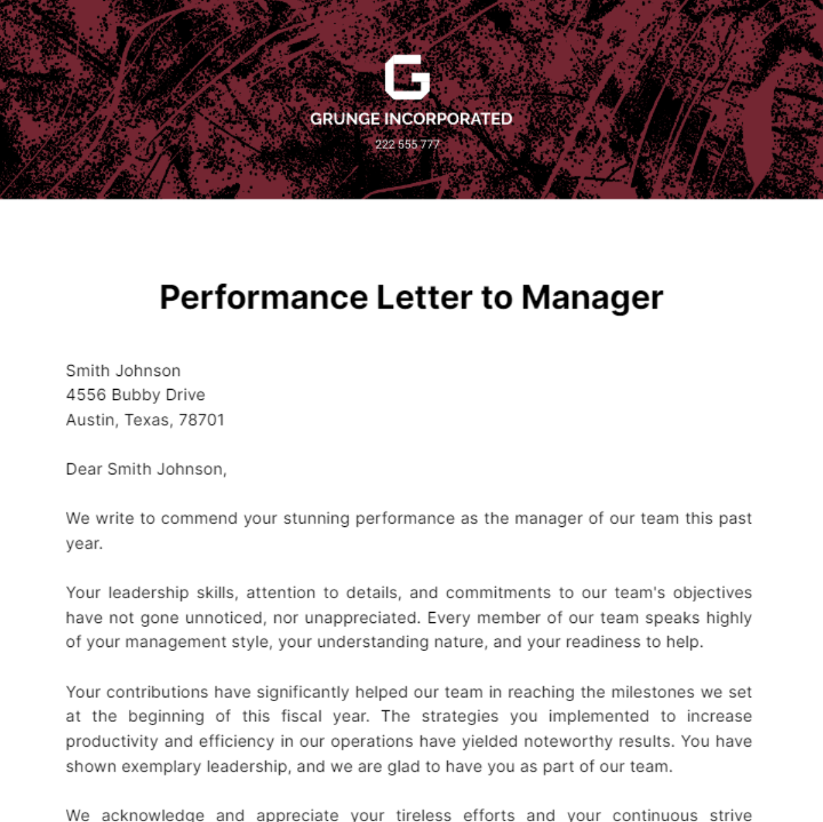 Performance Letter to Manager Template