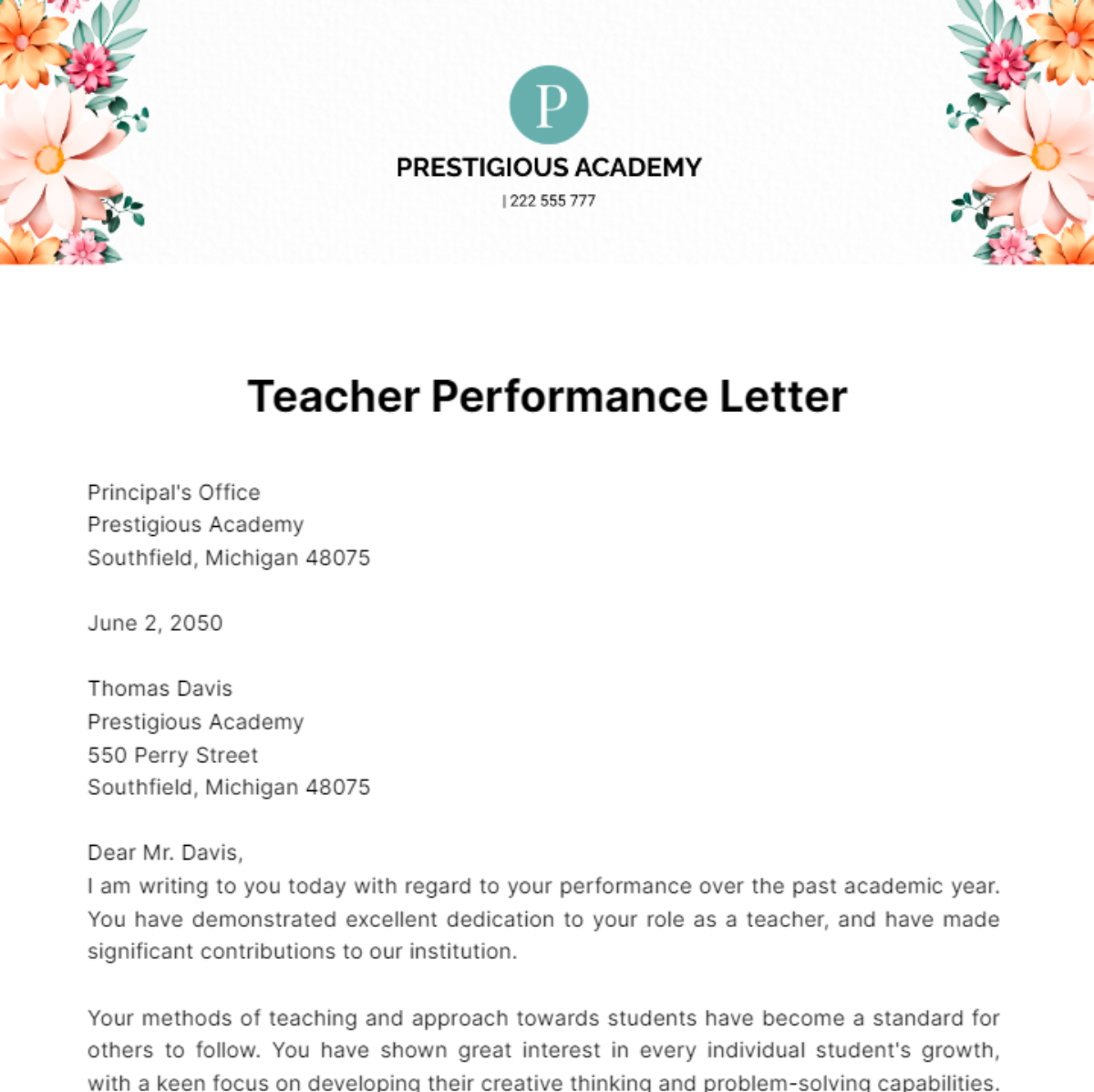 Teacher Performance Letter Template