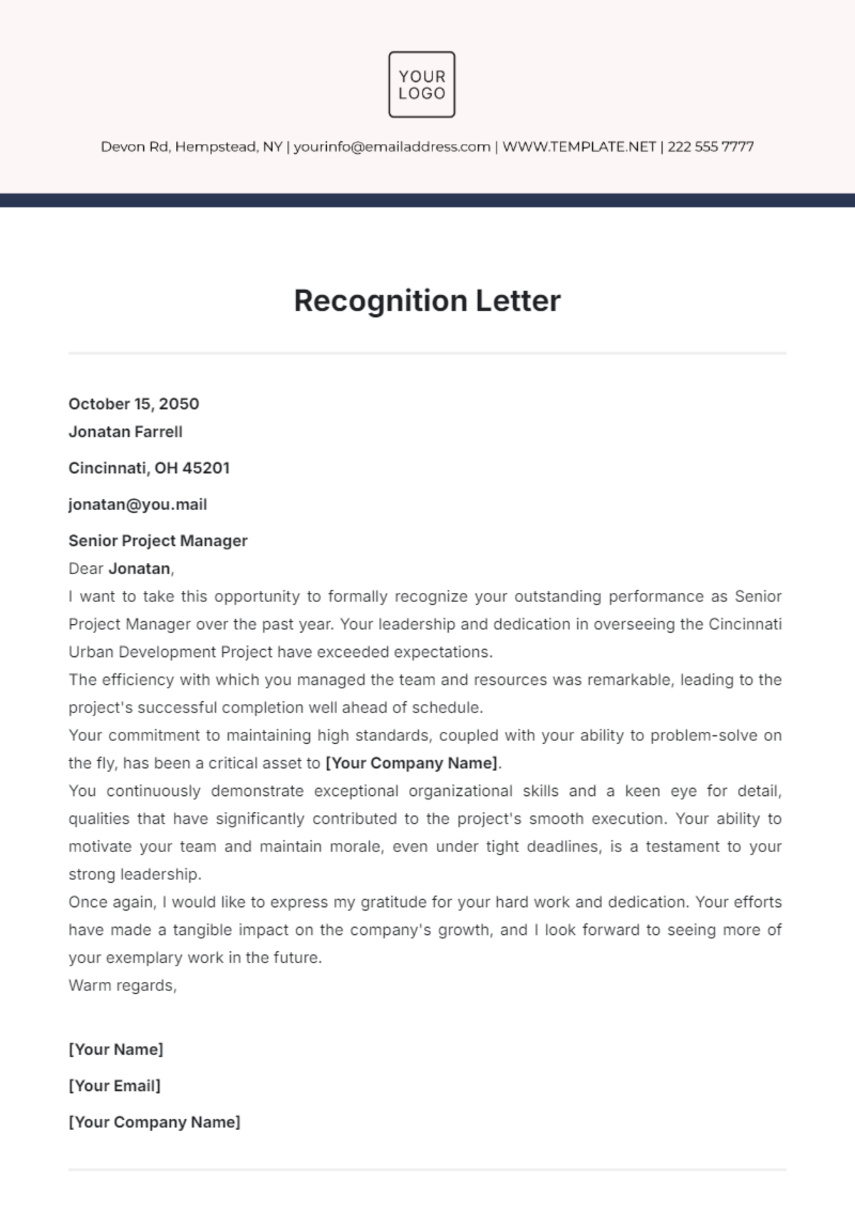 Recognition Letter Template - Edit Online & Download