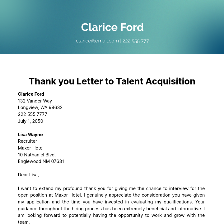 Free Thank you Letter to Talent Acquisition Template