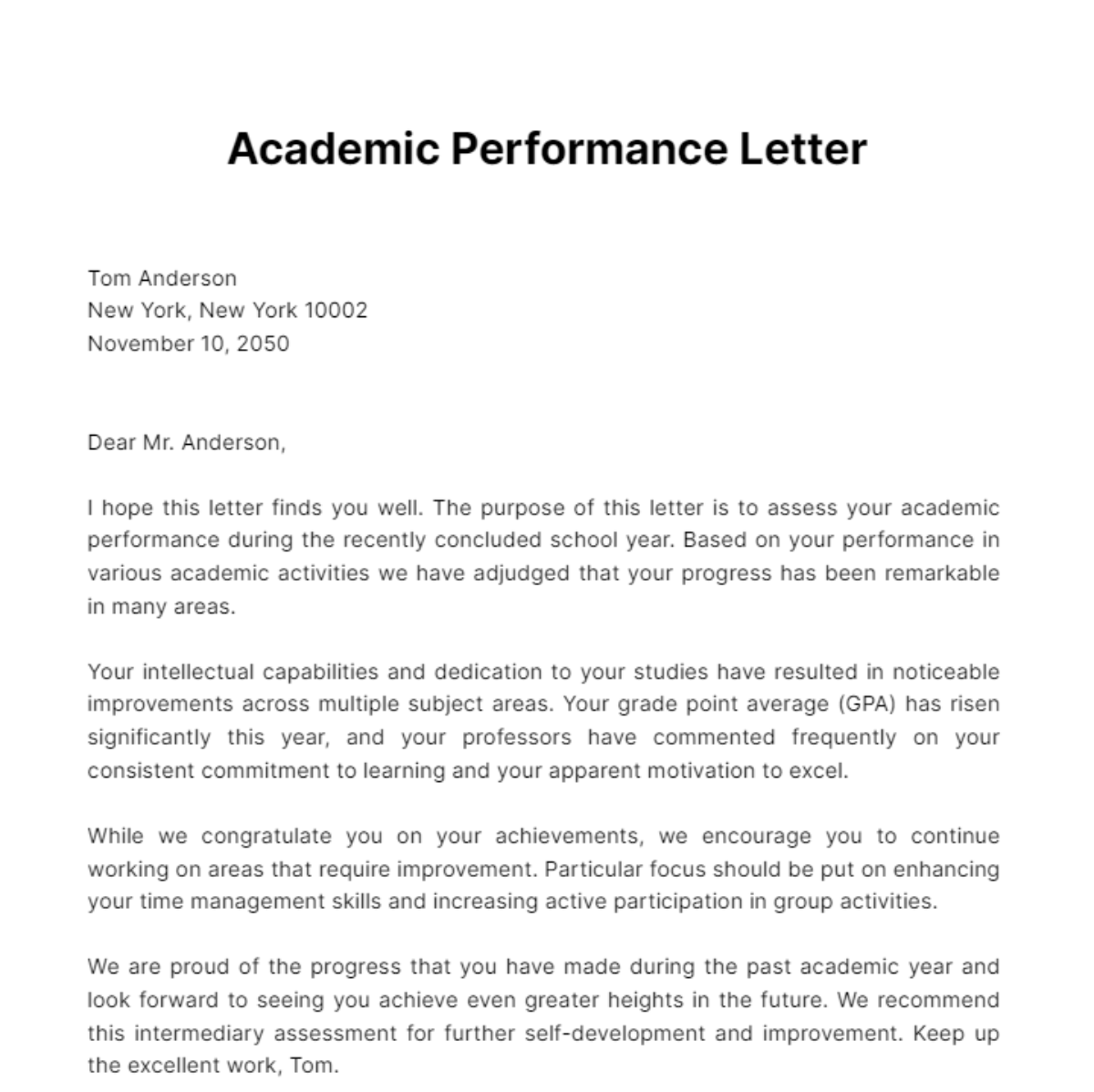 Free Academic Performance Letter Template