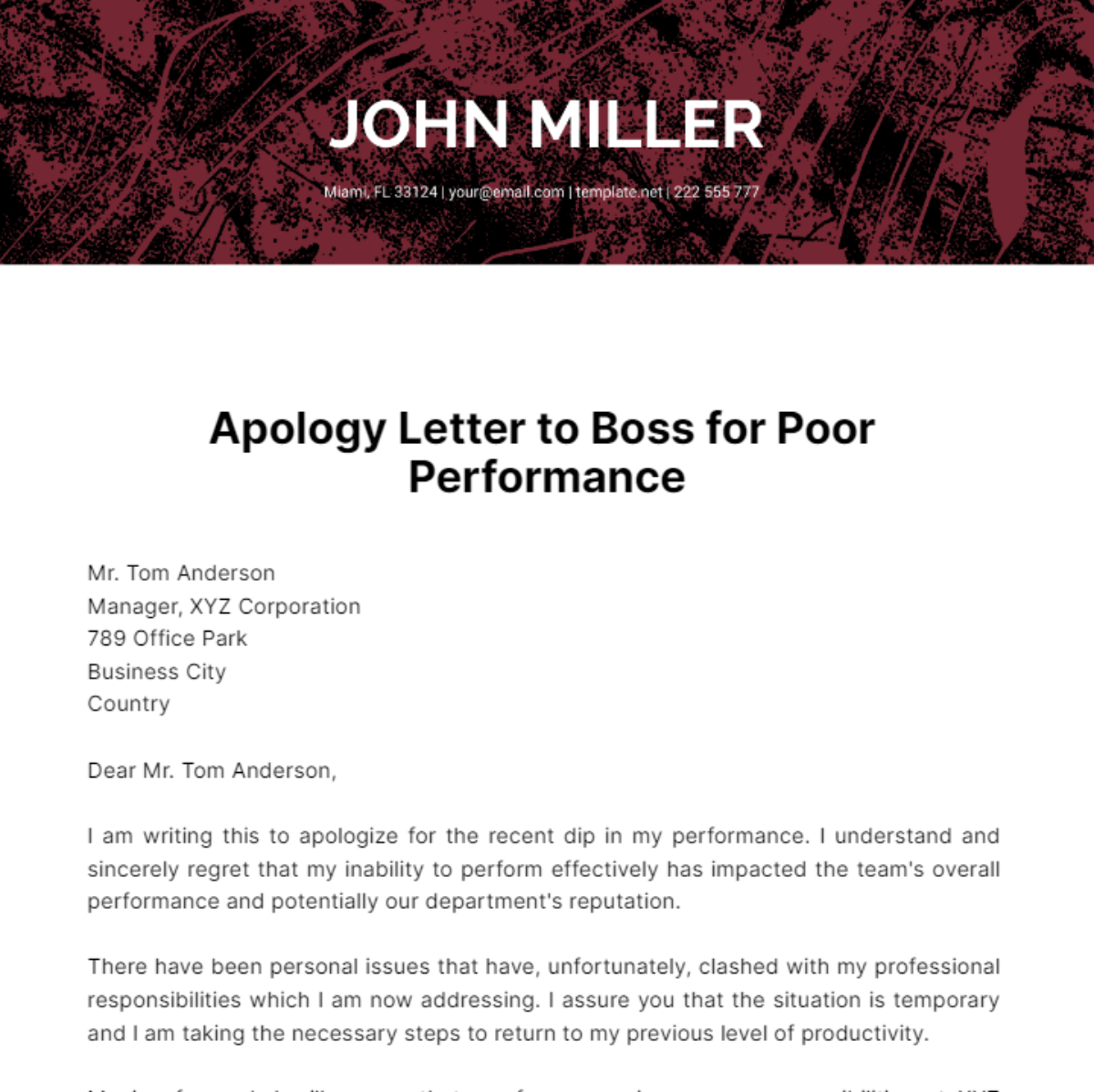 Apology Letter to Boss for Poor Performance Template