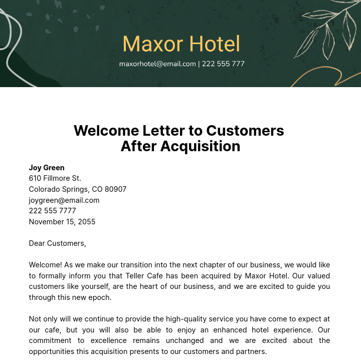 Free Welcome Letter to Customers After Acquisition Template