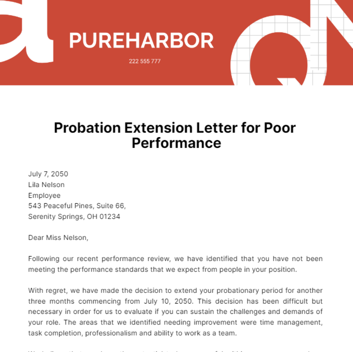Free Probation Extension Letter for Poor Performance Template