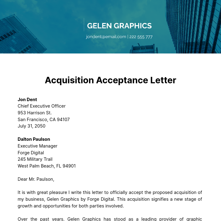 Free Acquisiton Acceptance Letter Template