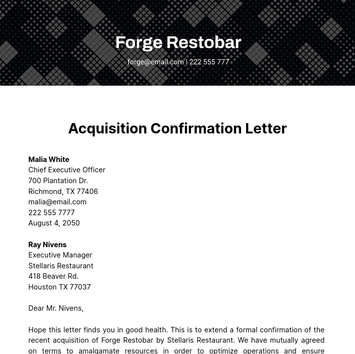 Free Acquisition Confirmation Letter Template