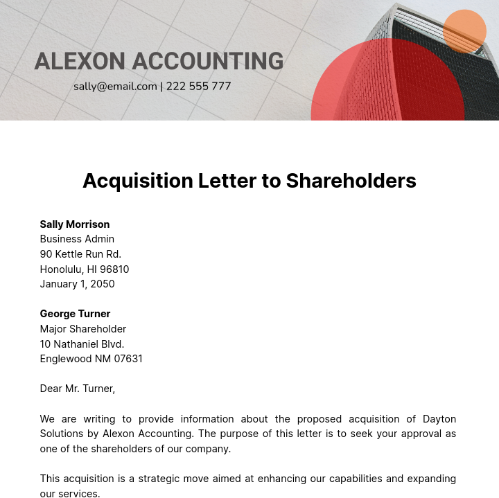 Free Acquisition Letter to Shareholders Template