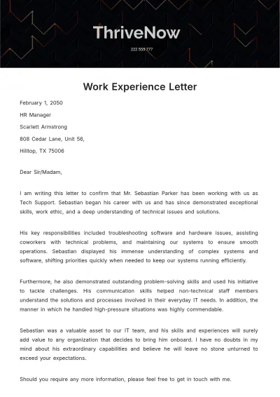 Free Work Experience Letter Template to Edit Online