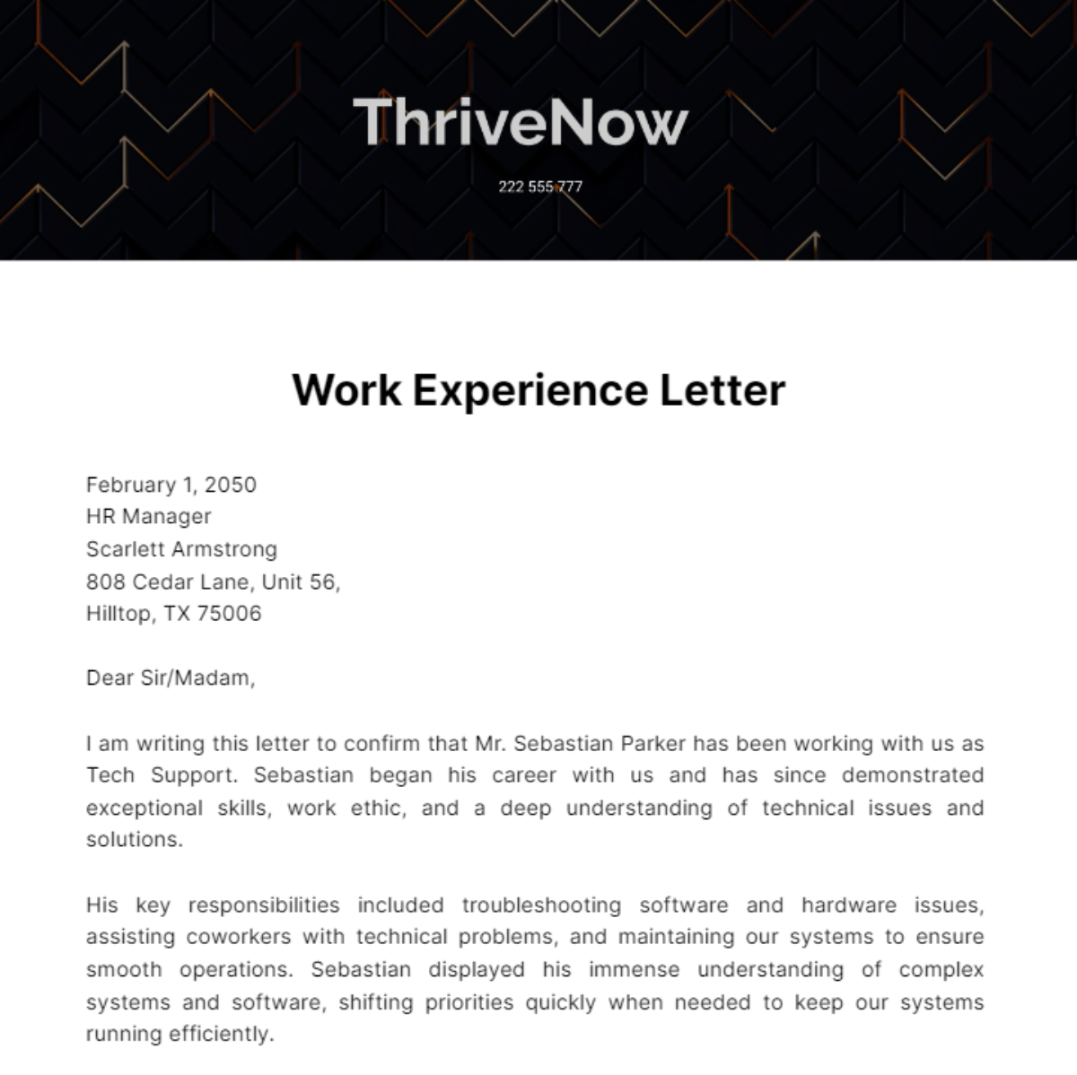 Free Work Experience Letter Template