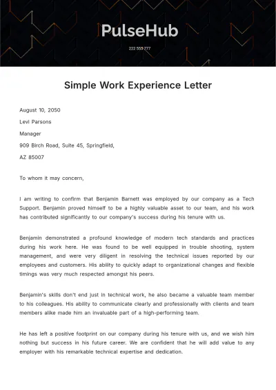 Free Simple Work Experience Letter Template to Edit Online